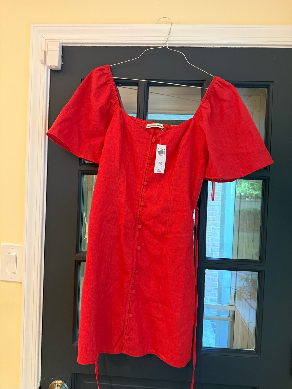 Abercrombie & Fitch Red Linen Button-Front Short Dress with Sleeves Medium Tall